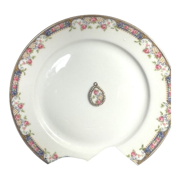 Vintage Bavaria Teardrop Porcelain Pendant With Pink Roses & Rhinestone Trim - Picture 5 of 10